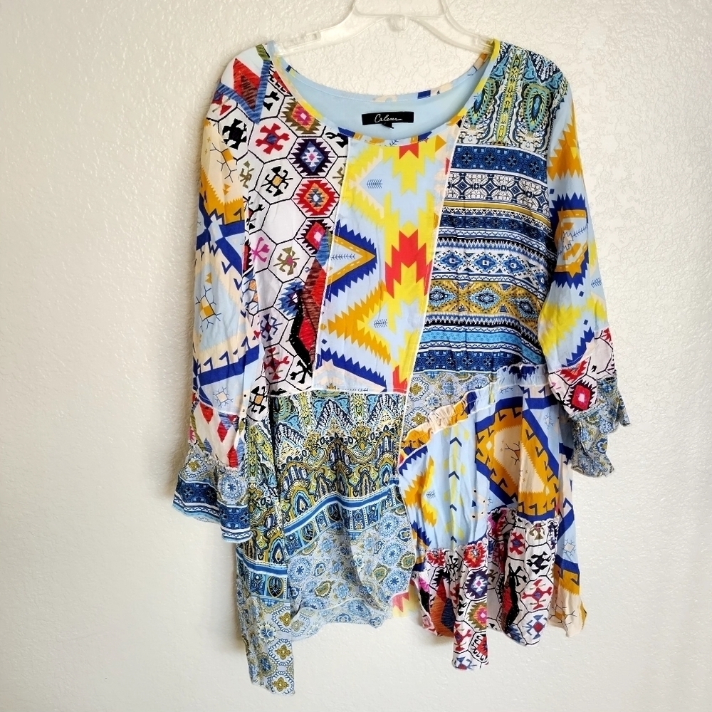Calessa Top Mix Southwest Patchwork Tunic Blouse Boho Art to Wear sz 3X